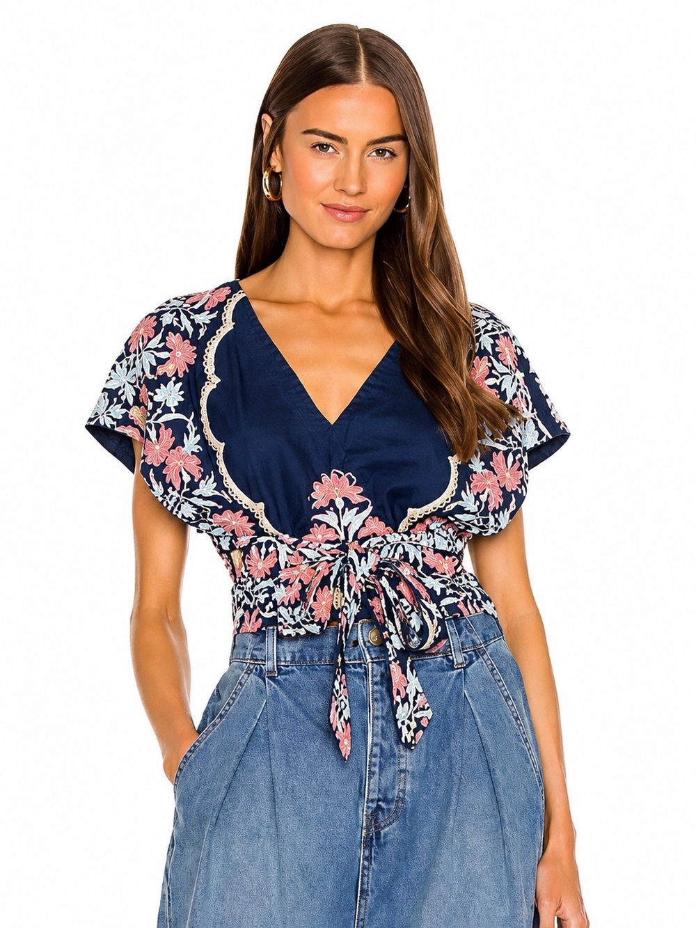 Free People Arielle Linen Printed Tie Top Dark Combo